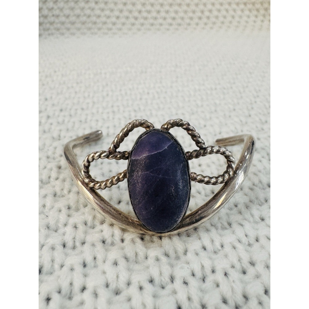 Vintage Silver Tone Purple Stone Wire Scroll Cuff Bracelet DC 5.5"